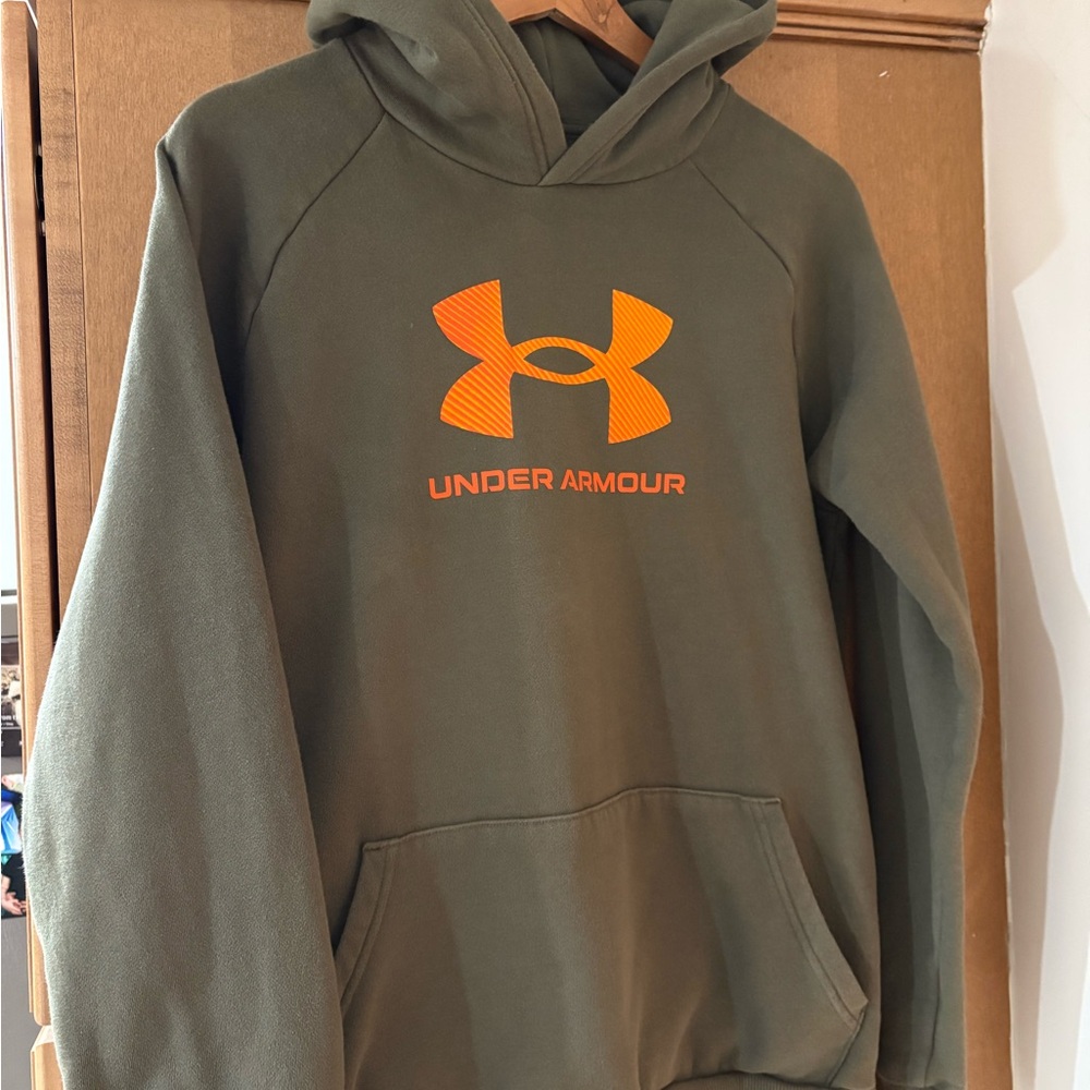 Under Armour Olive Hoodie with Vibrant Orange Logo, Green Youth Extra Large